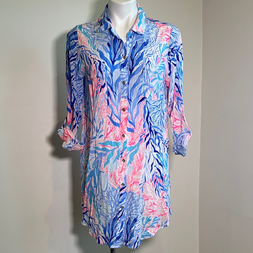 Lilly Pulitzer  cover up Blue and Pink Long Sleeve Dress